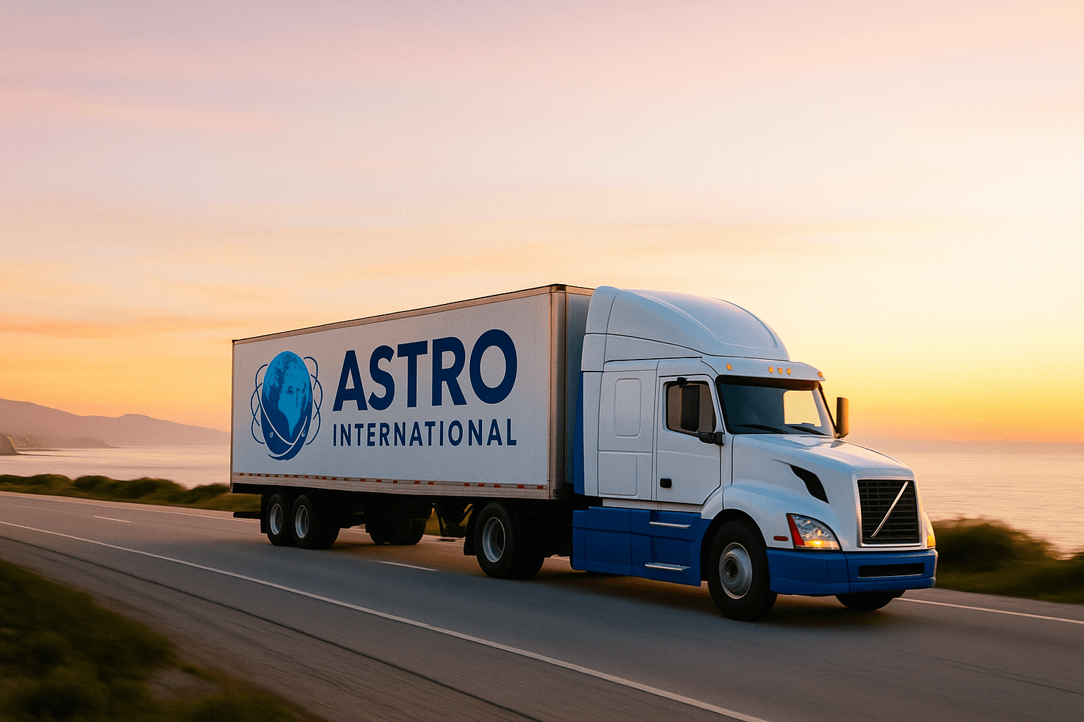 Astro International truck on highway at sunset